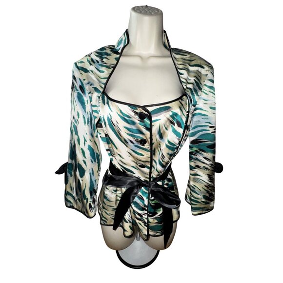 Cache Luxe Animal Print Satin Blazer Jacket Blazer Black Bow Size 14 Pinup Retro - Picture 1 of 9
